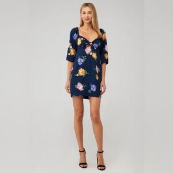 WAYF Eunice Knot Front Mini Dress Navy Floral Size M - Picture 1 of 7